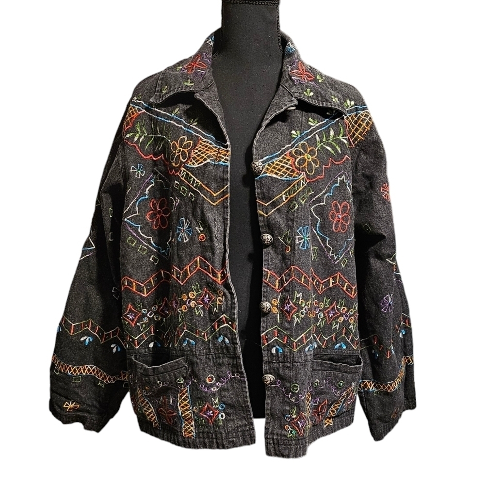 New Direction Black Denim Jacket 100% Cotton Embroidered & Beads Sz M
